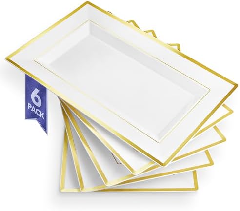 (6 Pcs) Premium White and Gold Plastic Serving Tray, Plastic Serving Platter Disposable, White Rectangle Party