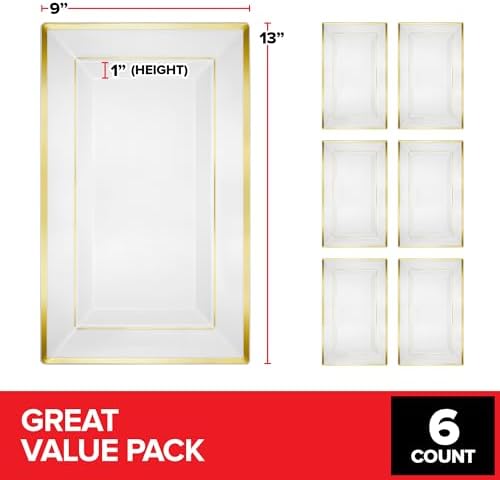 (6 Pcs) Premium White and Gold Plastic Serving Tray, Plastic Serving Platter Disposable, White Rectangle Party, alternate