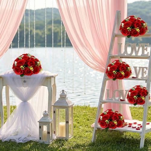 6 PCS Red Roses Flower Balls for Centerpieces in Red, alternate view 6