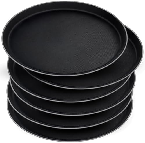 6 Pcs Round Serving Tray, 11 Inch Non Slip Surface Round Tray Black Server Tray Plastic Food Meals Server with