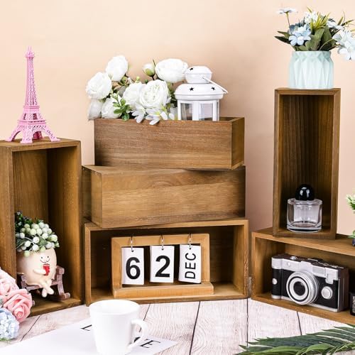 6 Pcs Rustic Wooden Boxes for Storage, Decorative, Display, Arts & Crafts, Rectangle Wooden Crate Wood Planter, alternate