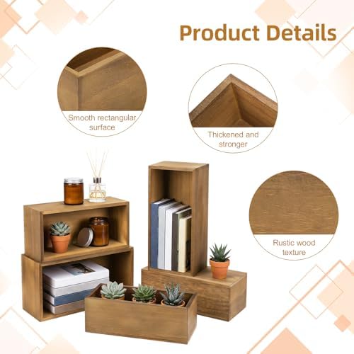 6 Pcs Rustic Wooden Boxes for Storage, Decorative, Display, Arts & Crafts, Rectangle Wooden Crate Wood Planter, alternate