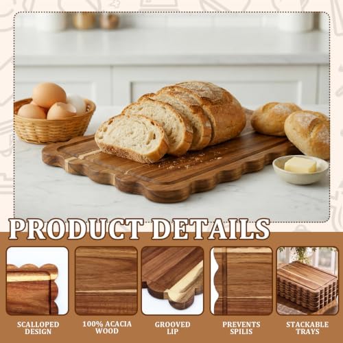 6 Pcs Scalloped Acacia Wood Serving Platters and Trays, 14 x 10 Inch Acacia Wood Serving Tray Charcuterie Boards, alternate