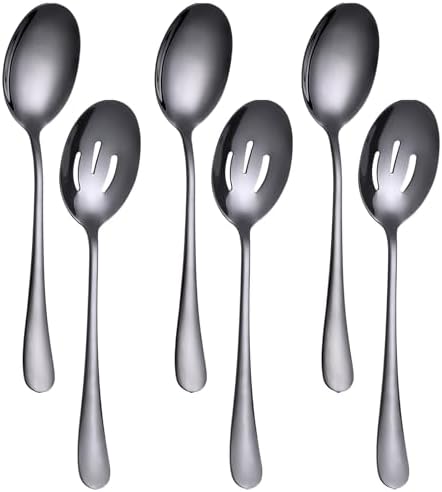 6 PCS Serving Spoons Set, 8.7 Inch Serving Spoon, Slotted Spoons, Black in Black