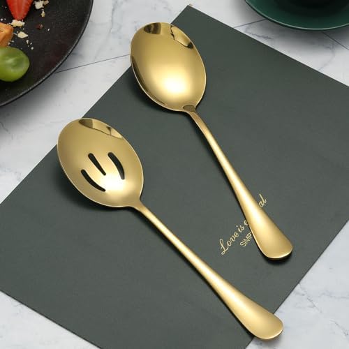6 PCS Serving Spoons Set, 8.7 Inch Serving Spoon, Slotted Spoons, Gold in Gold, alternate view 2