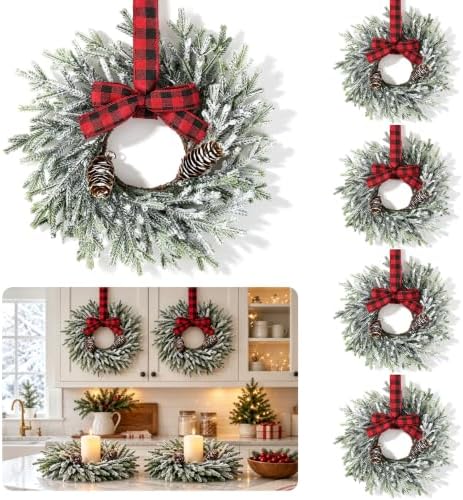 6 Pcs Small Christmas Kitchen Cabinet Wreaths for Front Door with Bow in Christmas White