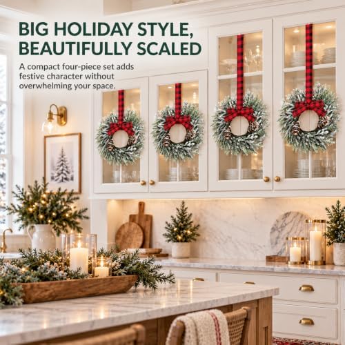 6 Pcs Small Christmas Kitchen Cabinet Wreaths for Front Door with Bow in Christmas White, alternate view 5