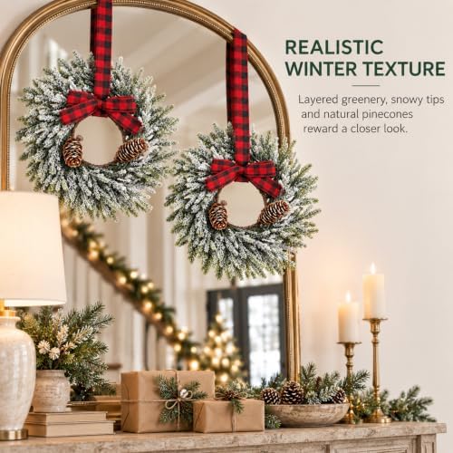6 Pcs Small Christmas Kitchen Cabinet Wreaths for Front Door with Bow in Christmas White, alternate view 6