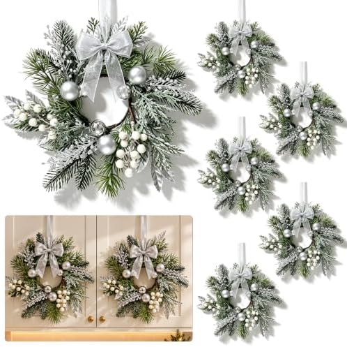 6 PCS Small Christmas Pine Kitchen Cabinet Wreaths for Front Door with Bow