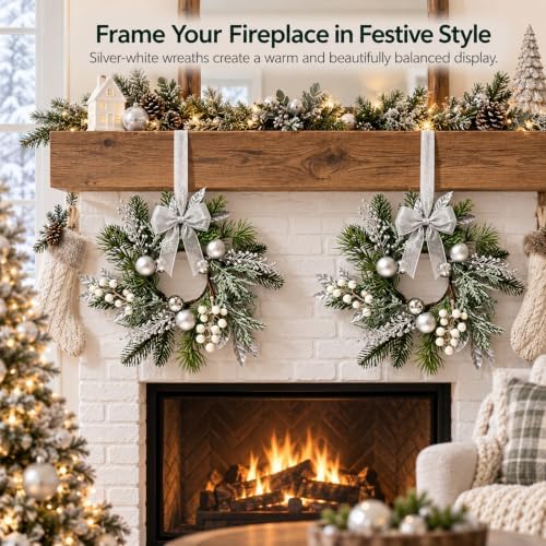 6 PCS Small Christmas Pine Kitchen Cabinet Wreaths for Front Door with Bow, alternate view 3