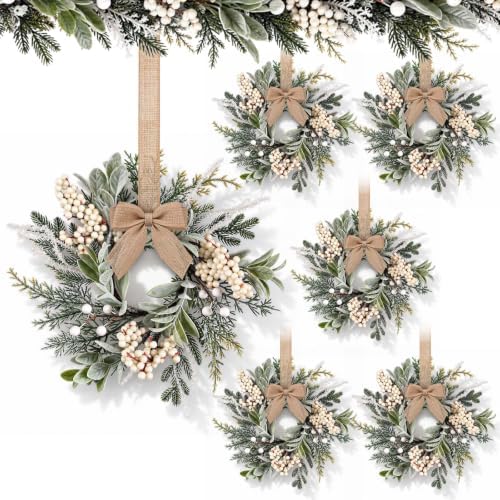 6 PCS Small Christmas Snow Frosted Cedar Wreaths for Front Door with Bow in Xmas Frosted