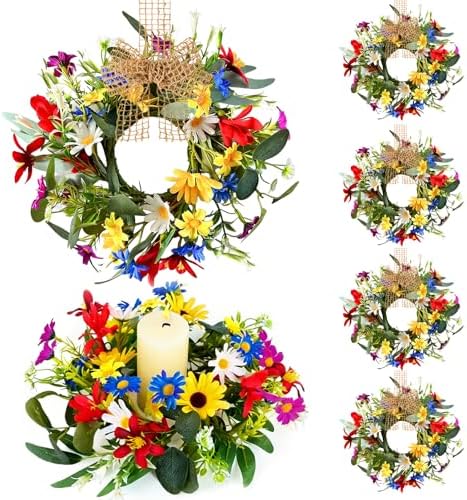 6 PCS Small Spring Floral Kitchen Cabinet Wreath Mini Artificial Sunflowers Daisy Wreath for Front Door with