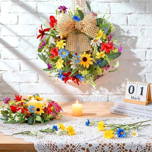 6 PCS Small Spring Floral Kitchen Cabinet Wreath Mini Artificial Sunflowers Daisy Wreath for Front Door with, alternate view