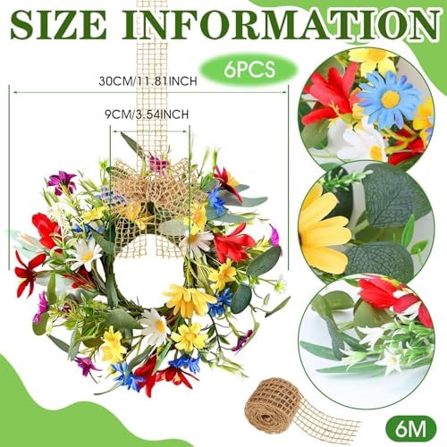 6 PCS Small Spring Floral Kitchen Cabinet Wreath Mini Artificial Sunflowers Daisy Wreath for Front Door with, alternate view