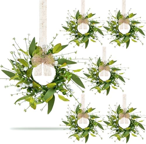 6 PCS Spring Summer Eucalyptus Kitchen Cabinet Wreaths Small Artificial Green Eucalyptus Leaf Wreath for Front