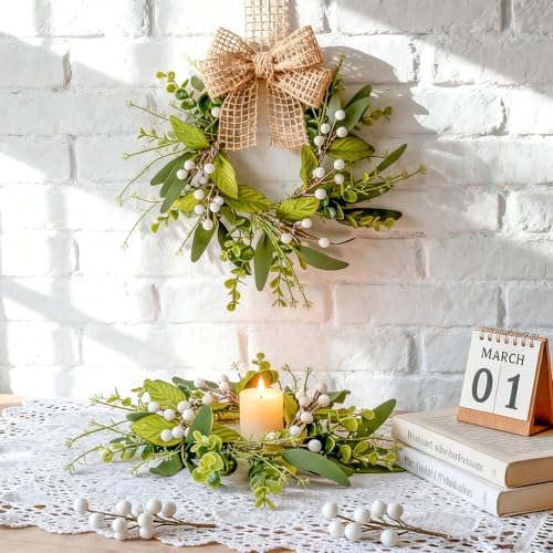 6 PCS Spring Summer Eucalyptus Kitchen Cabinet Wreaths Small Artificial Green Eucalyptus Leaf Wreath for Front, alternate