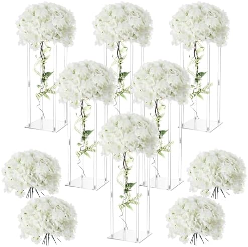 6 Pcs Tall Acrylic Wedding Flower Stands Centerpiece with Hydrangea in White