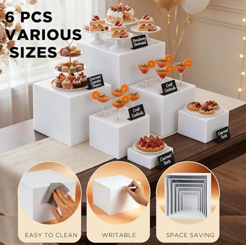 6 Pcs White Acrylic Buffet Risers and Stands, Food Display Stands for Buffet Table, Nesting Risers for Dessert, alternate