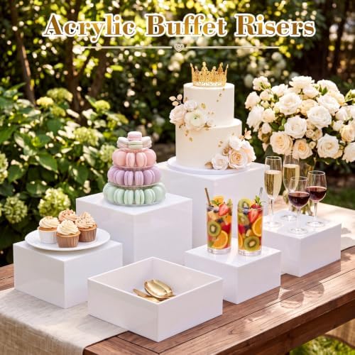 6 Pcs White Acrylic Buffet Risers Set Square Acrylic Display Boxes in White, alternate view 5