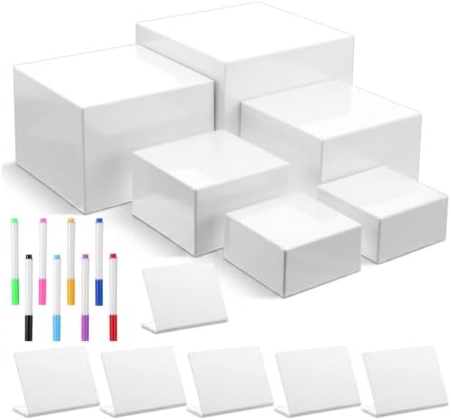 6 PCS White Acrylic Buffet Risers with 6 Signs and 8 Markers, Buffet Risers and Stands Nesting Cube Boxes with