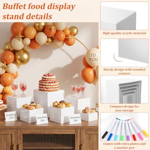 6 PCS White Acrylic Buffet Risers with 6 Signs and 8 Markers, Buffet Risers and Stands Nesting Cube Boxes with, alternate