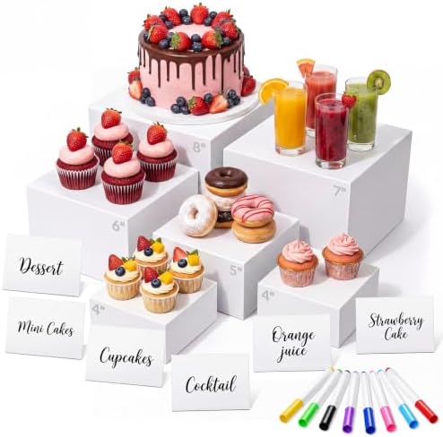 6 Pcs White Buffet Risers and Stands with Mini Table Sign and Maker in White