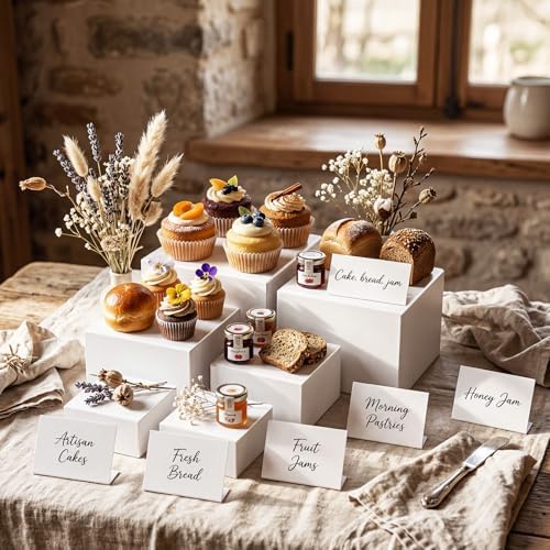 6 Pcs White Buffet Risers and Stands with Mini Table Sign and Maker in White, alternate view 2