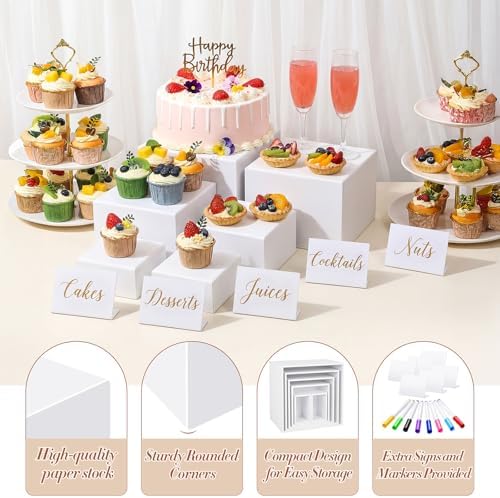 6 Pcs White Buffet Risers and Stands with Mini Table Sign and Maker in White, alternate view 4
