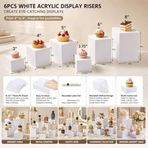 6 Pcs White Buffet Risers, Nesting Display Cubes for Food Display Stand in Clear, alternate view 4