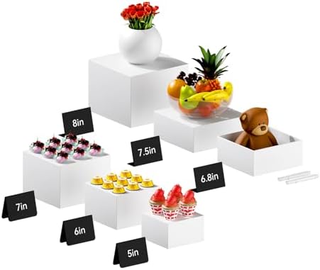 6 PCS White Buffet Risers with Mini Sign and Makers, Large Food Risers for Buffet Table, Display Shelf Stands