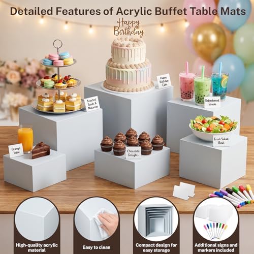 6 Pcs White Buffet Risers with Mini Sign and Marker, Food Risers Display Stands for Buffet Table Party Catering, alternate