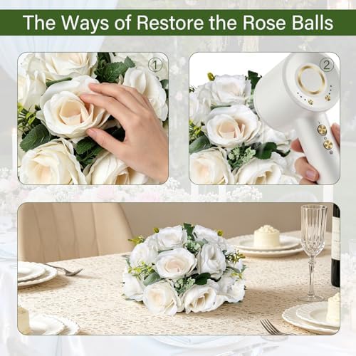 6 PCS White Roses Flower Balls for Centerpieces in White, alternate view 4