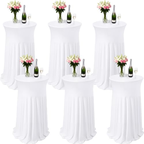 6 Pcs White Spandex Stretch Round Cocktail Table Skirt, 32x43 Inch High Top Table Covers, Fitted Table Cloths