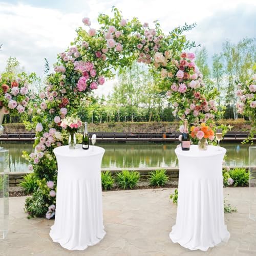 6 Pcs White Spandex Stretch Round Cocktail Table Skirt, 32x43 Inch High Top Table Covers, Fitted Table Cloths, alternate view