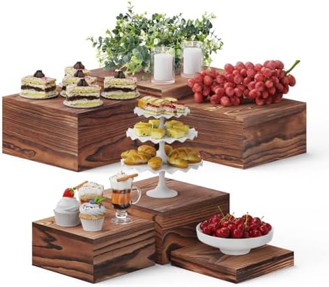 6 PCS Wooden Buffet Risers, Wood Display Risers for Food, Wooden Square Risers Display Stands, Food Risers for