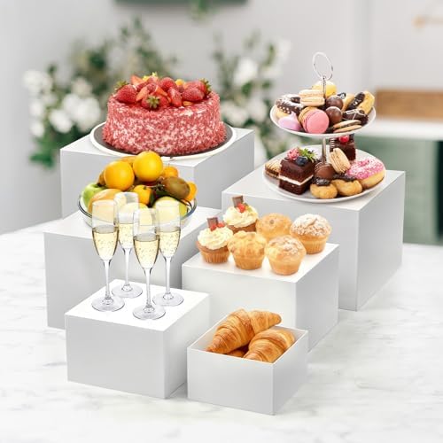 6 Piece Buffet Risers Display Stand for Party, White Acrylic Cube Food Riser with Hollow Bottom, Cupcake Dessert