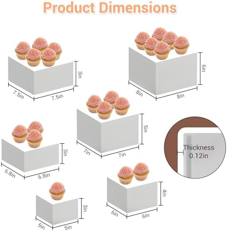 6 Piece Buffet Risers Display Stand for Party, White Acrylic Cube Food Riser with Hollow Bottom, Cupcake Dessert, alternate