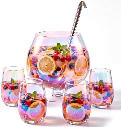 6 Piece Crystal Iridescent Punch Bowl with Ladle and 4 Cups, Rainbow Style in rainbow colors