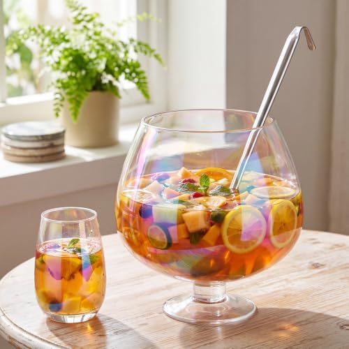 6 Piece Crystal Iridescent Punch Bowl with Ladle and 4 Cups, Rainbow Style in rainbow colors, alternate view 2