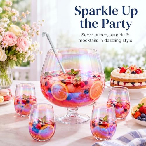 6 Piece Crystal Iridescent Punch Bowl with Ladle and 4 Cups, Rainbow Style in rainbow colors, alternate view 5