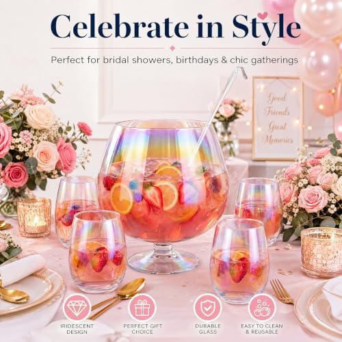 6 Piece Crystal Iridescent Punch Bowl with Ladle and 4 Cups, Rainbow Style in rainbow colors, alternate view 6