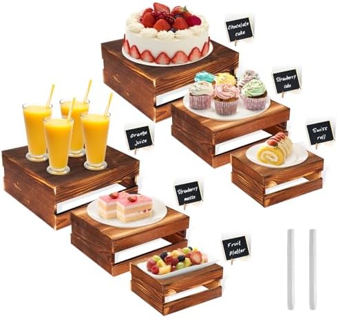 6-Piece Rustic Wood Buffet Risers with Mini Signs for Dessert Table in Rustic Wood