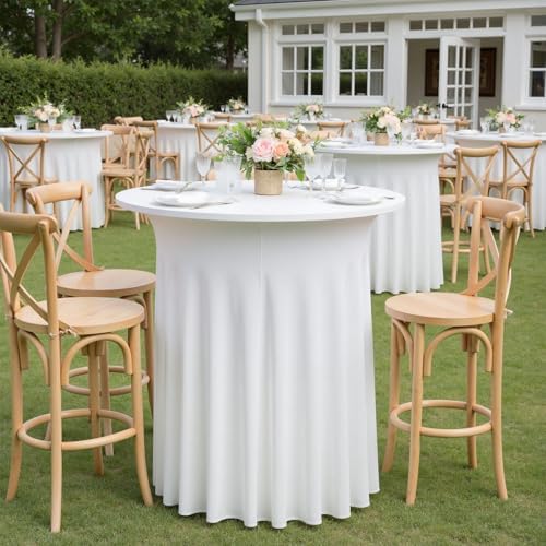 6 pk White Cocktail Table Cloth Round 32×43in-High Top Highboy Bar Cocktail Tablecloths-Wrinkle Free Stretchy, alternate view