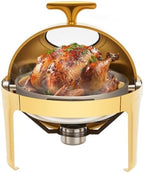 6 QT Round Chafing Dish Buffet Set (1-Pack), Roll Top Stainless Steel Buffet Warmers with Food & Water Trays