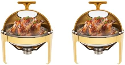 6 QT Round Chafing Dish Buffet Set (2-Pack), Roll Top Stainless Steel Buffet Warmers with Food & Water Trays
