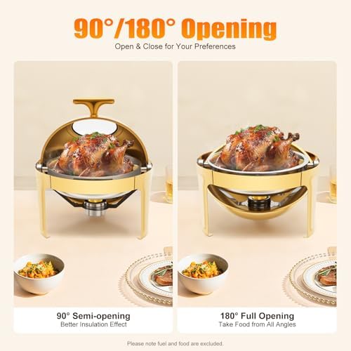 6 QT Round Chafing Dish Buffet Set (2-Pack), Roll Top Stainless Steel Buffet Warmers with Food & Water Trays, alternate view