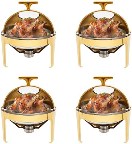 6 QT Round Chafing Dish Buffet Set (4-Pack), Roll Top Stainless Steel Buffet Warmers with Food & Water Trays