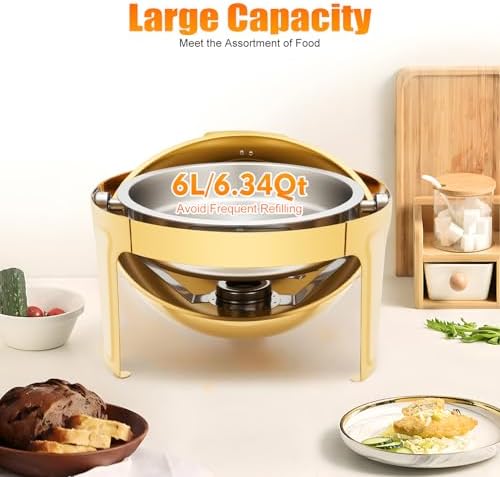 6 QT Round Chafing Dish Buffet Set (4-Pack), Roll Top Stainless Steel Buffet Warmers with Food & Water Trays, alternate view