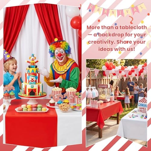 6 Rolls 100FT x 54IN Circus Plastic Tablecloth Roll with Slide Cutter Box in White, red, alternate view 2