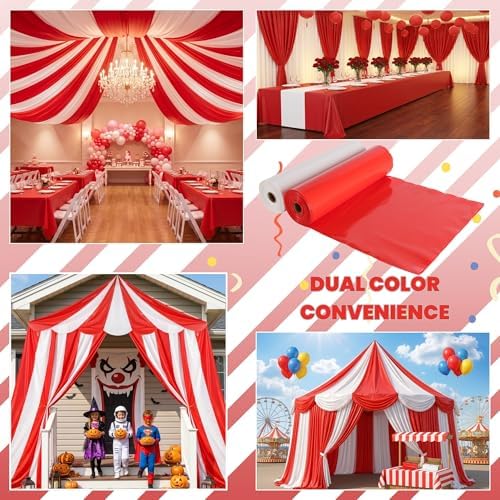 6 Rolls 100FT x 54IN Circus Plastic Tablecloth Roll with Slide Cutter Box in White, red, alternate view 3